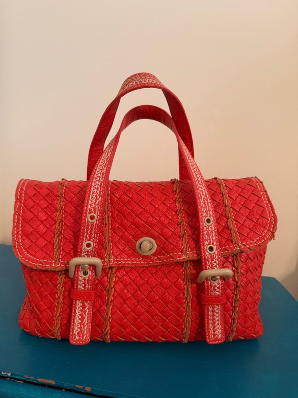 BOTTEGA VENETA Fire Intrecciato Vivo Cervo Woven Leather Top Handle Bag